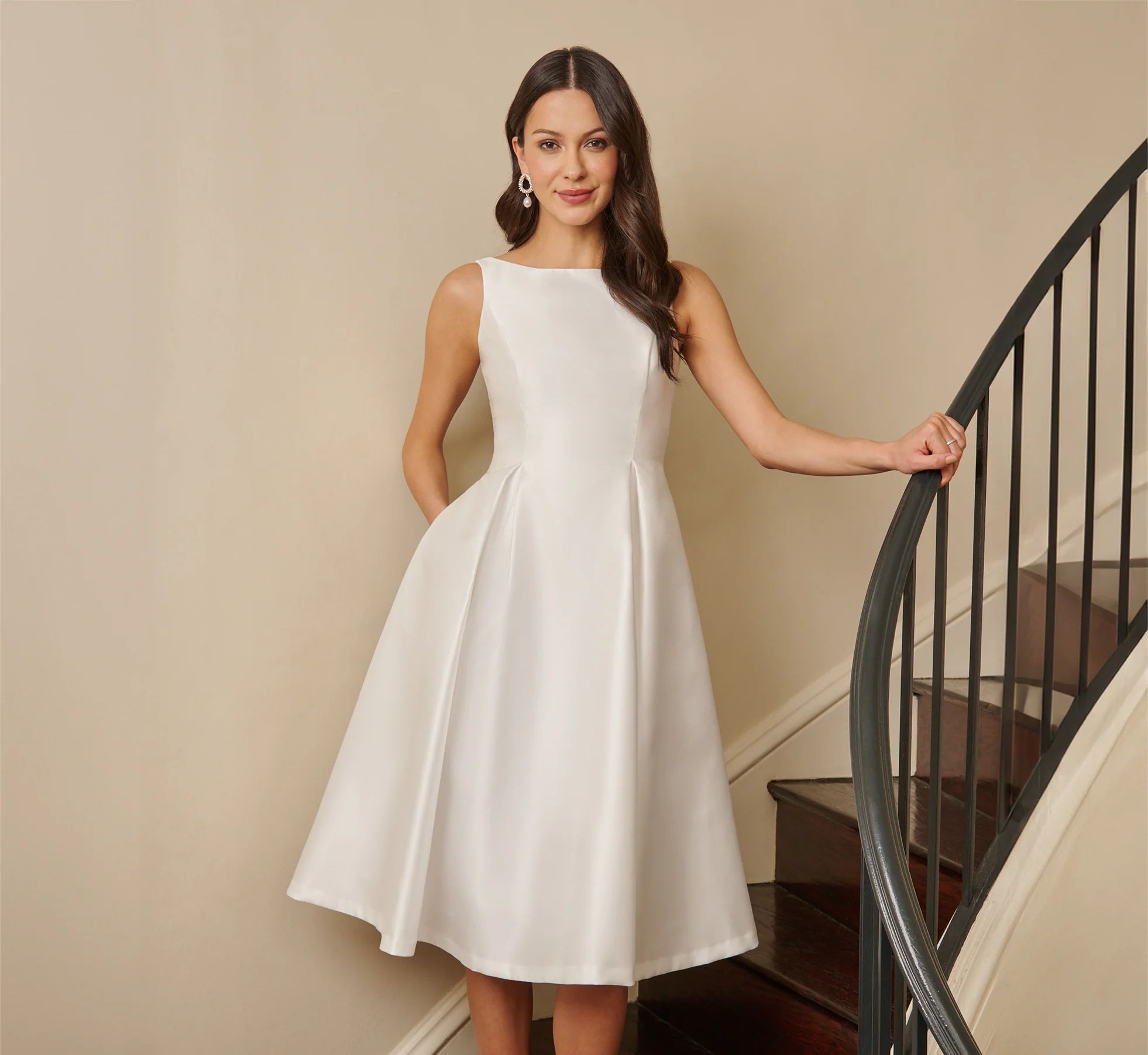 Sleeveless Mikado Fit And Flare Midi Dress With V-Back In Ivory | Adrianna Papell