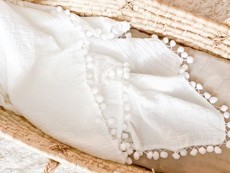 White Pom Muslin Swaddle Blanket, White Pom blanket, White Pom Swaddle, Newborn Swaddle, Pom baby... | Etsy (US)