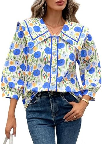 Womens Floral Blouse Peter Pan Collar V Neck Button Down Boho Tops 3/4 Sleeve Loose Fit Vintage F... | Amazon (US)