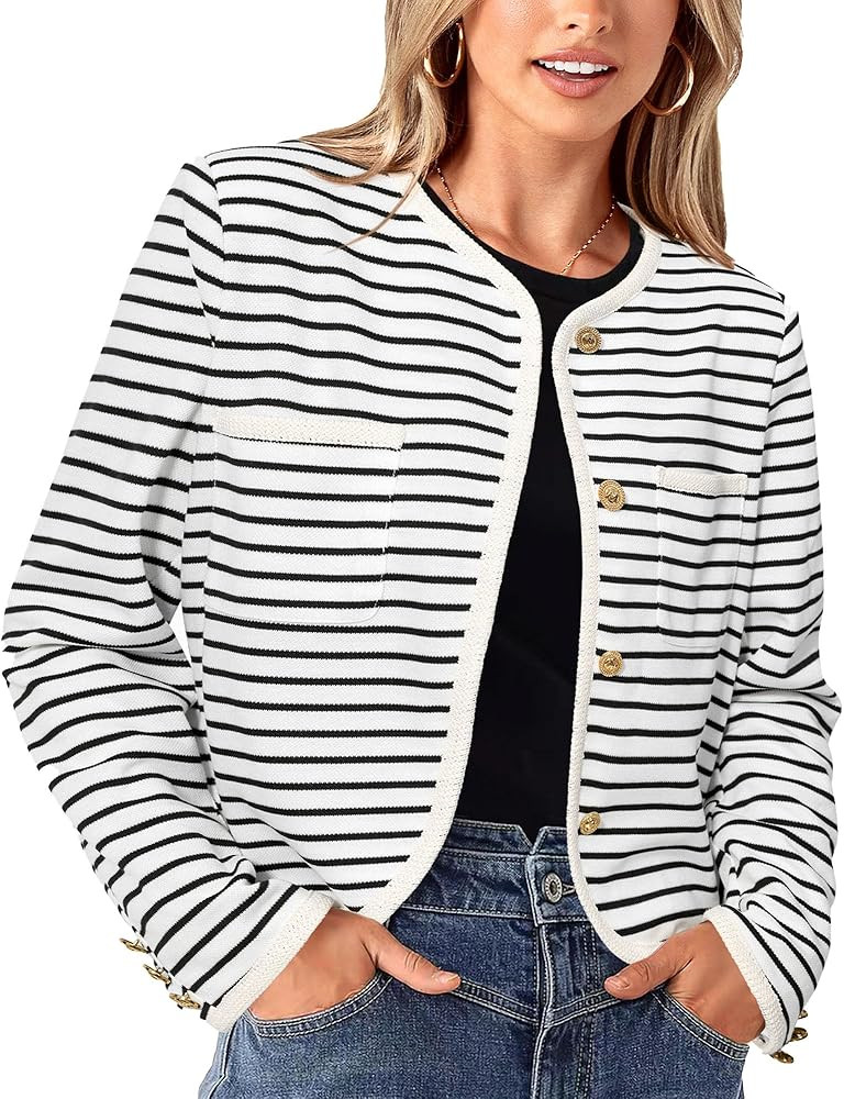 PRETTYGARDEN Women's Fall Striped Knit Cardigan Casual Long Sleeve Button Down Crewneck Cardigans Ou | Amazon (US)