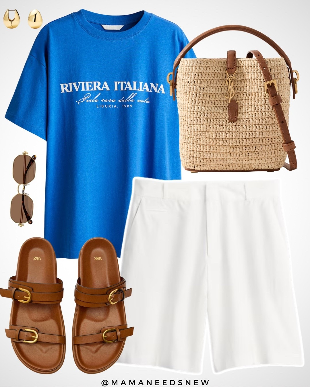 A summer / vacation outfit with a graphic t-shirt, white linen blend shorts, footbed slide sandals, raffia bucket bag 💙

#LTKStyleTip #LTKSaleAlert #LTKItBag