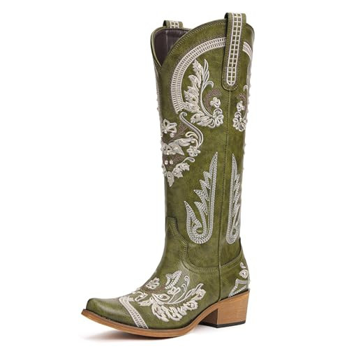 Western Cowboy Boots for Women Embroidered Rhinestones Knee High Cowgirl Boots Pointed Toe Chunky Heel Fashion Retro Classic Tall Boot | Amazon (US)