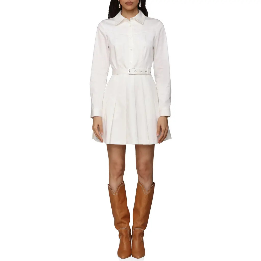 Avec Les Filles Pleated Belted Long Sleeve Cotton Blend Mini Shirtdress in White at Nordstrom, Size 2 | Nordstrom