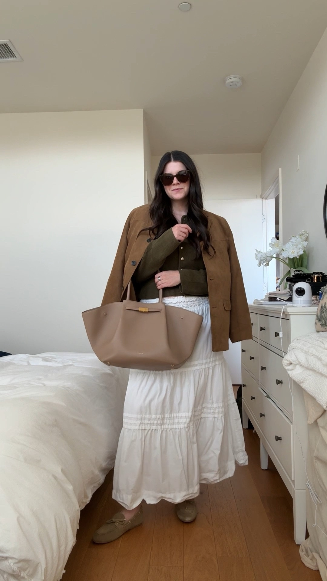 how to transition your white maxi skirt to fall. style it with a knit cardigan, suede jacket, driving loafers, and a chic bag 

#LTKFindsUnder100 #LTKStyleTip