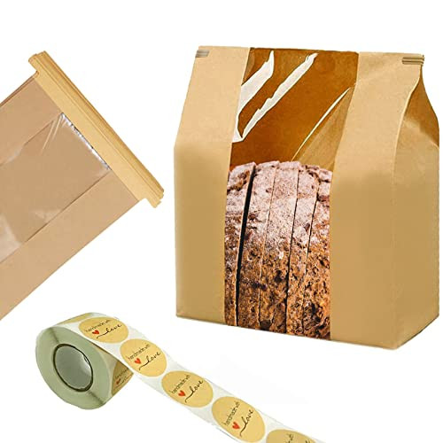 100 Pack Large Kraft Paper Bread Bags for Homemade Bread Loaf Bags 14" x 8.3" x 3.5" with Tin Tie Tab Lock Clear Front Window Bakery Bags Packaging Coffee Cookie Treat Bags with Label Seal Stickers | Amazon (US)