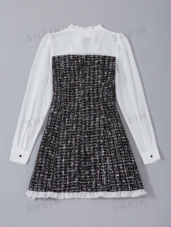 SHEIN Privé Plaid Pattern Tie Neck Button Front Frill Trim 2 in 1 Dress | SHEIN