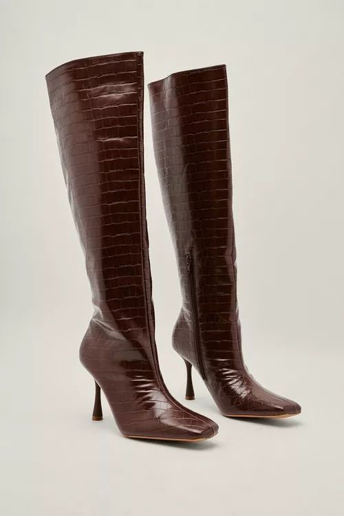 Stretch Faux Croc Stiletto Knee High Boots | Nasty Gal (US)