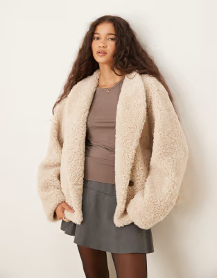 Gina Tricot short borg pile jacket in light beige | ASOS (Global)