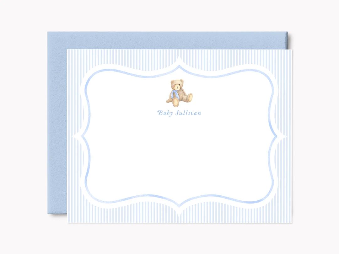 Printed Teddy Bear Stationery Set Custom Baby Shower Note Cards for Baby Boy Personalized A2 Flat... | Etsy (US)