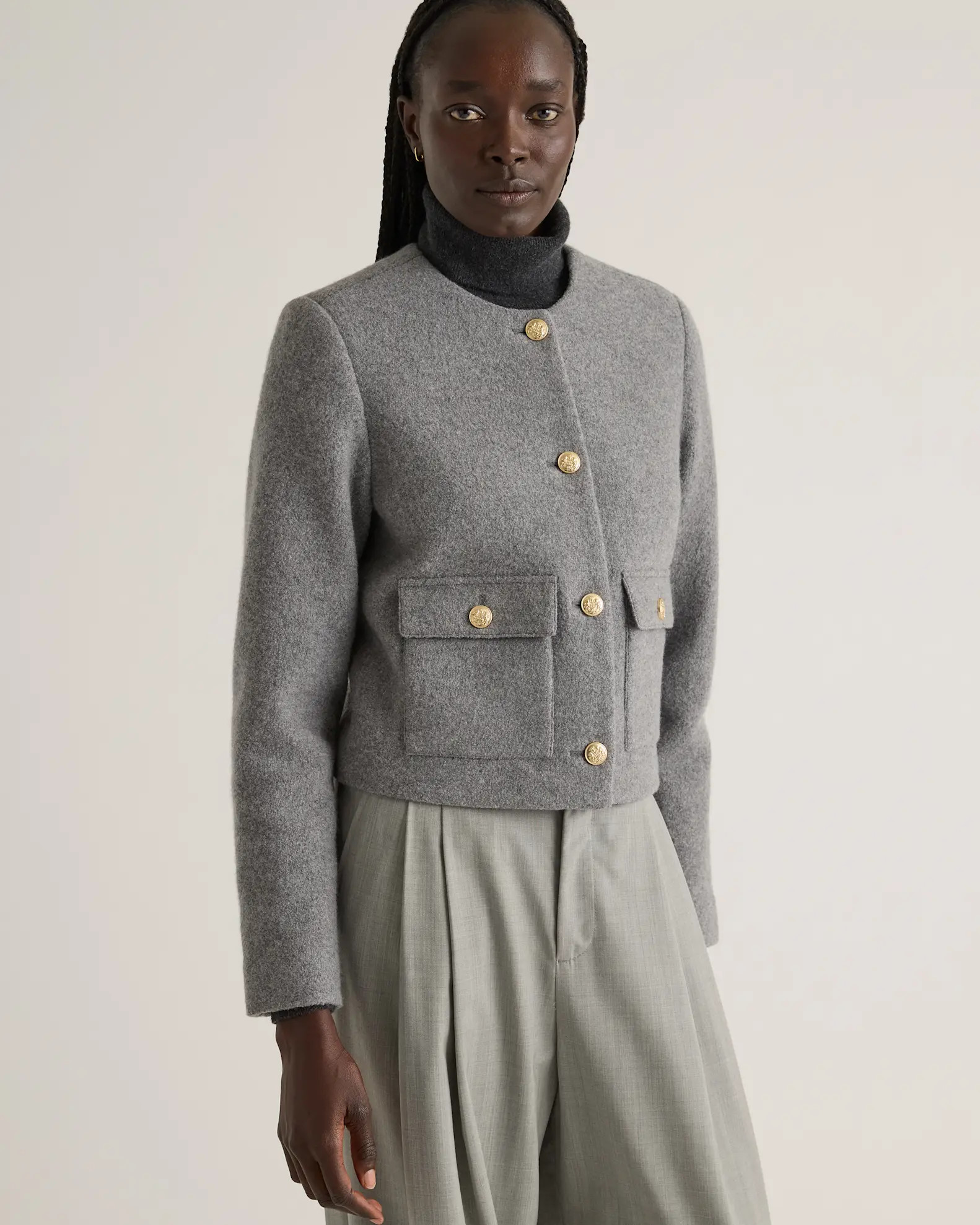 100% Merino Wool Collarless Cropped Jacket in Heather Bone | Quince