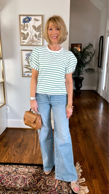 Pretty green and white puff sleeve top and high rise wide leg denim. Perfect fitting wide leg denim comes in petites regular and tall. I’m 5’3” wearing the regular size 2. Denim is buy one get one half off.
Code - CarlaC15 for discount on top 


#LTKsalealert #LTKover40 #LTKSeasonal