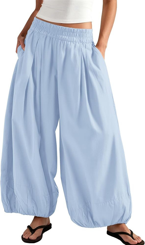 ReachMe Womens Elastic High Waist Wide Leg Barrel Pants Flowy Baggy Balloon Trousers Summer Beach... | Amazon (US)