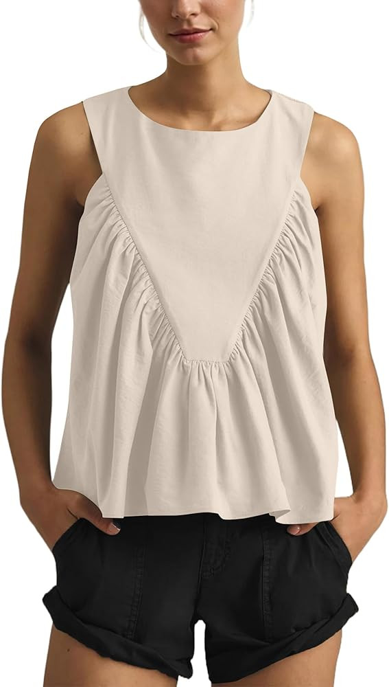 OLAPTA Women Peplum Ruffle Babydoll Tank Tops Sleeveless Shirred Loose Fit Blouse Shirts Casual S... | Amazon (US)
