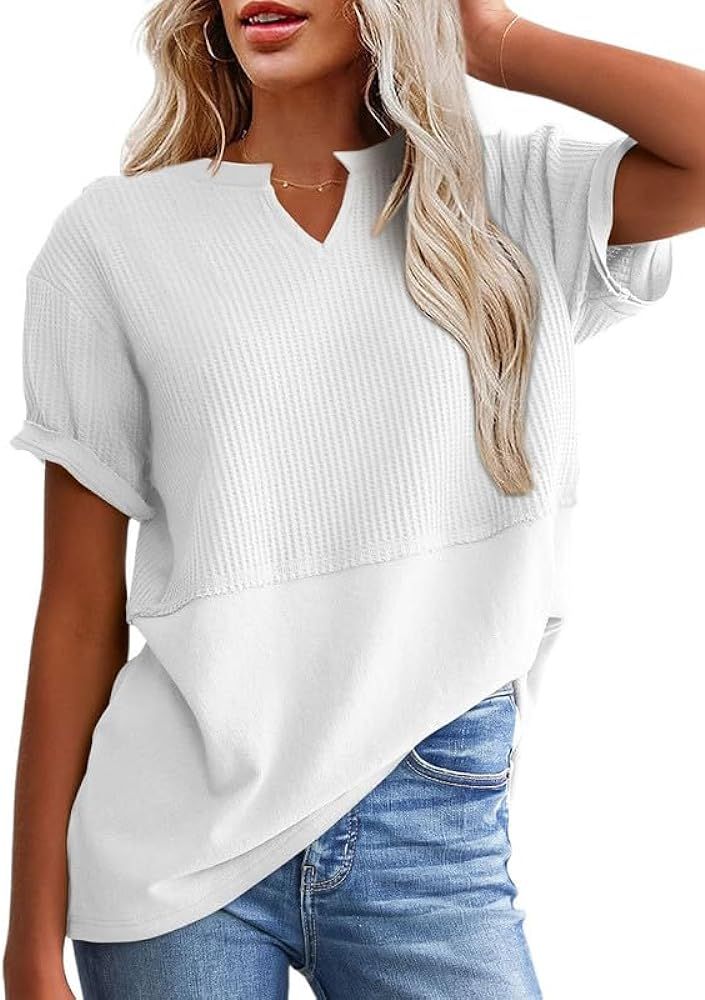 SHEWIN Womens Casual V Neck Waffle Knit Tops Short Sleeve T Shirts Loose Blouses | Amazon (US)