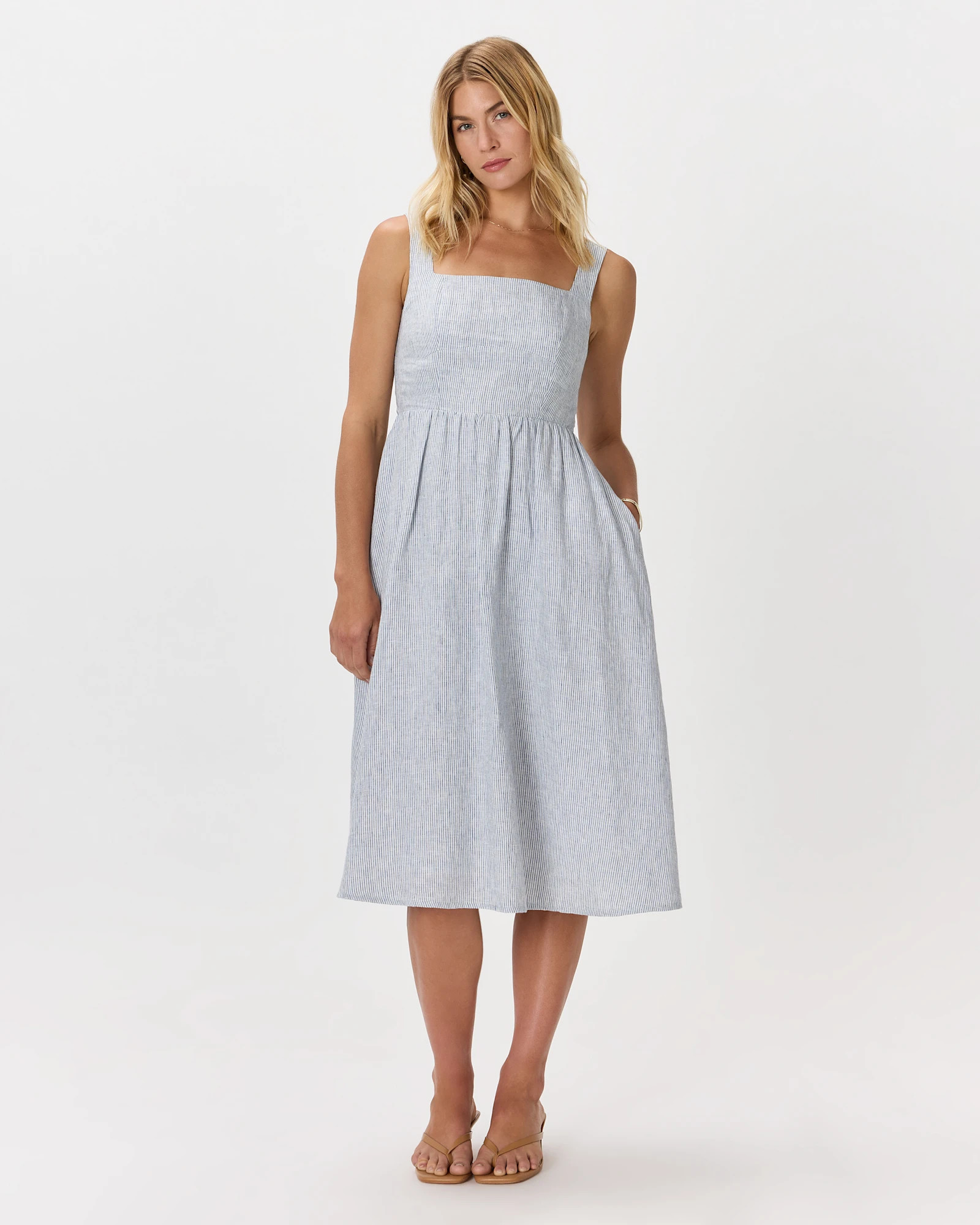 100% European Linen Fit & Flare Midi Dress in Blue Pinstripe | Quince