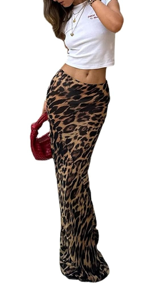 Leopard Print Maxi Skirt Floor Length Skirt Cute Satin Y2k Maxi Summer Skirts Long Skirts for Wom... | Amazon (US)