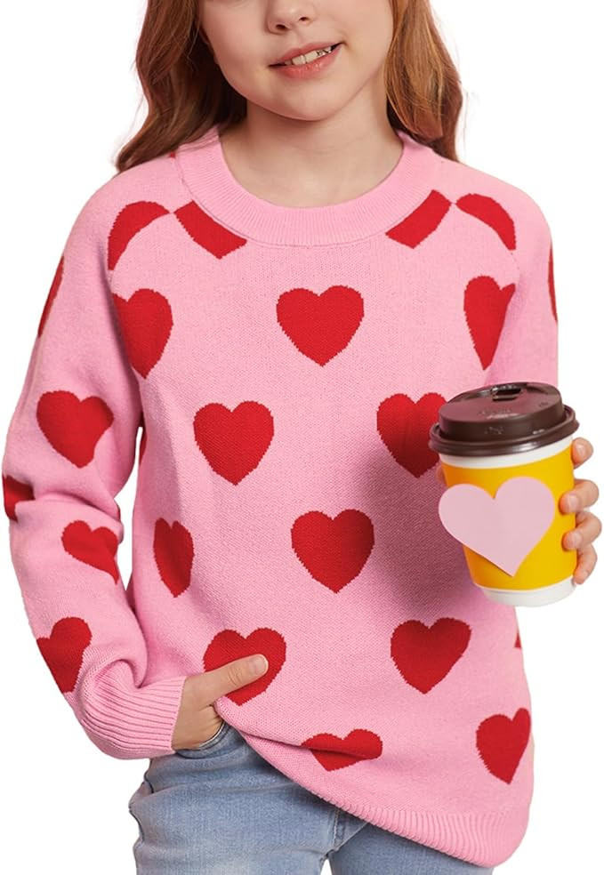 IIMMER Valentines Day Girls Heart Pattern Knit Sweater Cute Sweet Pullover 6-14 Years | Amazon (US)