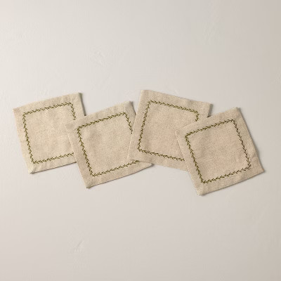 Set of 4 Embroidered Border Cloth Cocktail Napkins Natural/Green - Hearth & Hand™ with Magnolia | Target