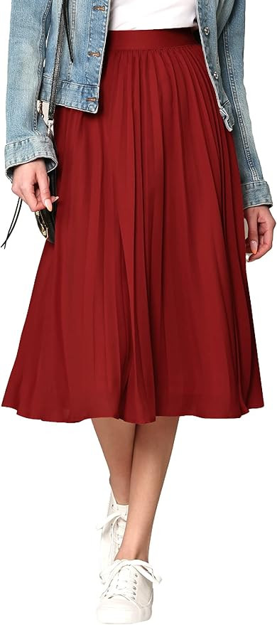 Made By Johnny Women's High Elastic Waist Pleated Mid A-Line Swing Skirt | Amazon (US)