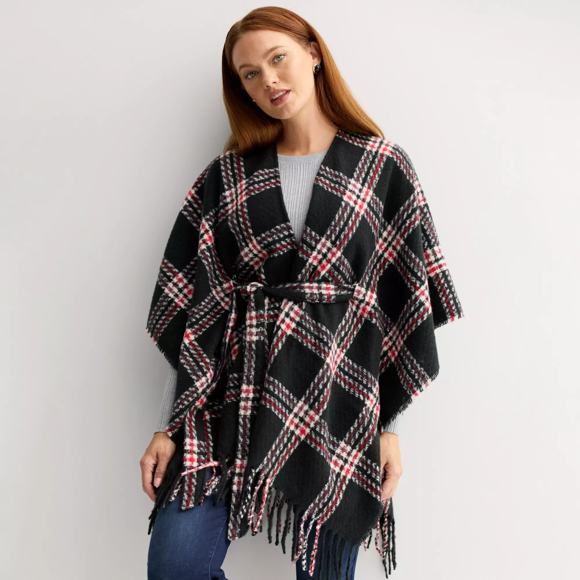 Women's Nine West Twill Plaid Belted Topper | Kohl's