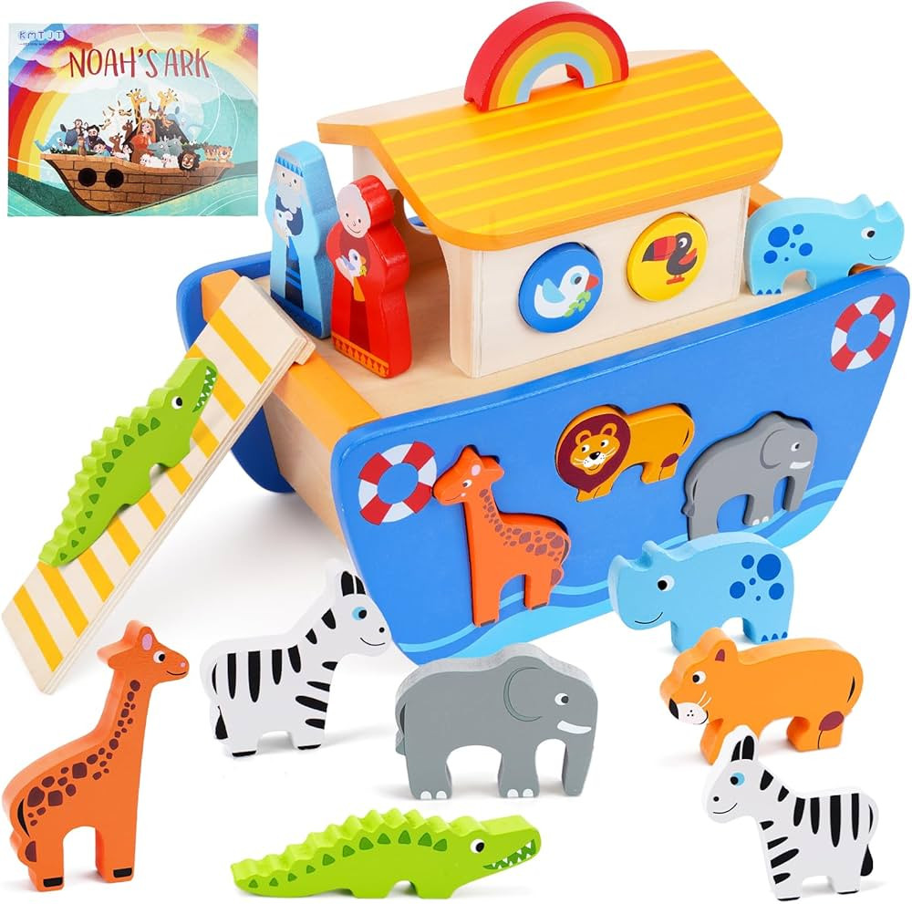 KMTJT Toddlers Wooden Noah's Ark Toy Animal Playset, Baptism Gifts for 1 2 3 Boys Girls, Shape So... | Amazon (US)