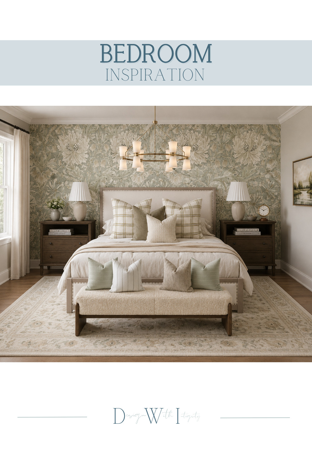 This bedroom has been living in my head rent free, and I knew I had to share it with you. Soft sage, warm cream, and those gorgeous botanical wall coverings make this space feel like an absolute retreat. The linen upholstered bed with nail head trim anchors the room beautifully, while the brass ring chandelier adds just the right amount of warmth and elegance overhead. Dark walnut nightstands ground the palette and bring that classic contrast I love so much in a well-styled bedroom.

The layered throw pillows in plaid and cream, the woven bench at the foot of the bed, and that muted vintage area rug are the kinds of details that turn a bedroom into something that genuinely feels designed. I created this digital mood board as an AI-generated inspiration piece, and it turned out even better than I imagined.

All of the pieces that inspired this look are linked and shoppable on my LTK. Tap through to shop the look and recreate this serene bedroom aesthetic in your own home.

#interiordesign #bedroomdecor #homedecor 

 #LTKHome