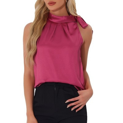INSPIRE CHIC Women's Elegant Satin Sleeveless Bow Tie Mock Neck Solid Work Blouse Large Hot Pink | Target