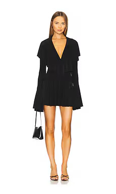 Norma Kamali Long Sleeve Deep V Ruffle Mini Dress in Black from Revolve.com | Revolve Clothing (Global)