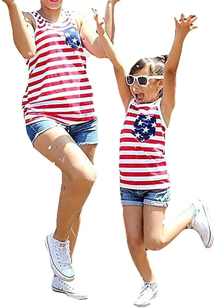 Noubeau 4th of July Mommy and Me American Flag Striped Stars Tank Tops Cami Vest Sleeveless Shirt... | Amazon (US)