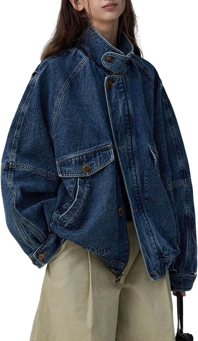 loveimgs Women Oversized Jean Jacket Zip Up Denim Trucker Jacket Boyfriend Pilot Coat Y2k Baggy J... | Amazon (US)