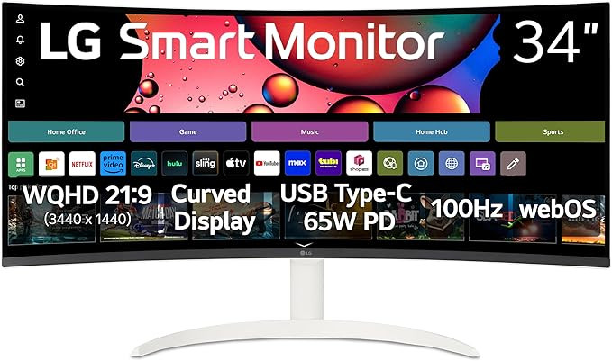 LG 34SR63QA-W 34 inch Smart Curved Monitor with Streaming TV, QHD 1440p, UltraWide Screen, USB Ty... | Amazon (US)