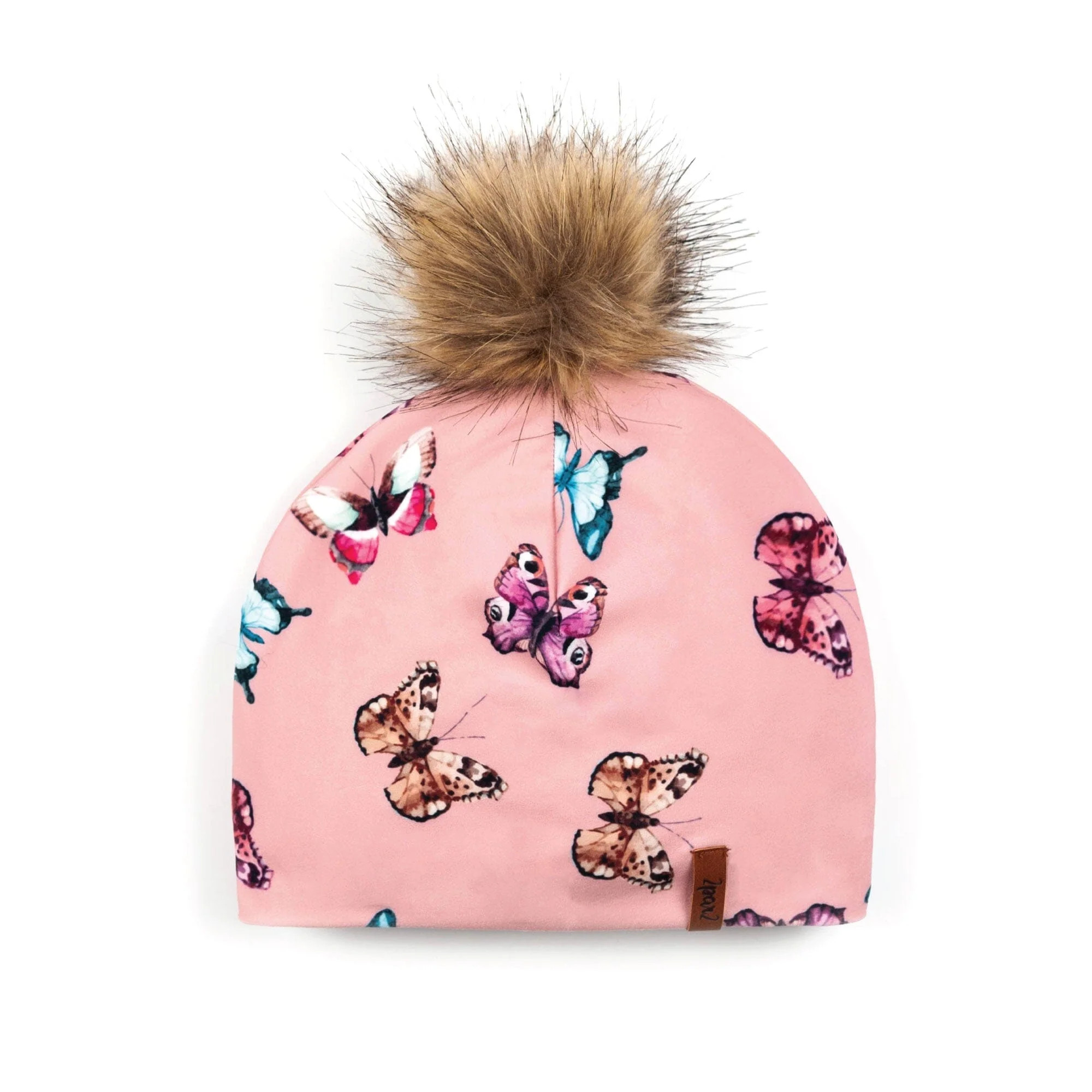 Printed Detachable Pompom Hat Pink Watercolor Butterflies | Deux par Deux Childrens Designer Clothing