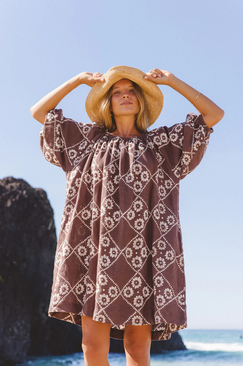 Dahlia Mini Dress ~ Maple | Ethically Crafted Linen Mini Dress | Daughters of India