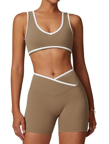 QBGJTD Two Piece Workout Sets for Women V Neck Color Block Crop Tank Sports Bra Matching High Waist Booty Lifting Biker Shorts 2 Piece Gym Yoga Active Wear Outfits Womens Athletic Work Out Brown XL | Amazon (US)