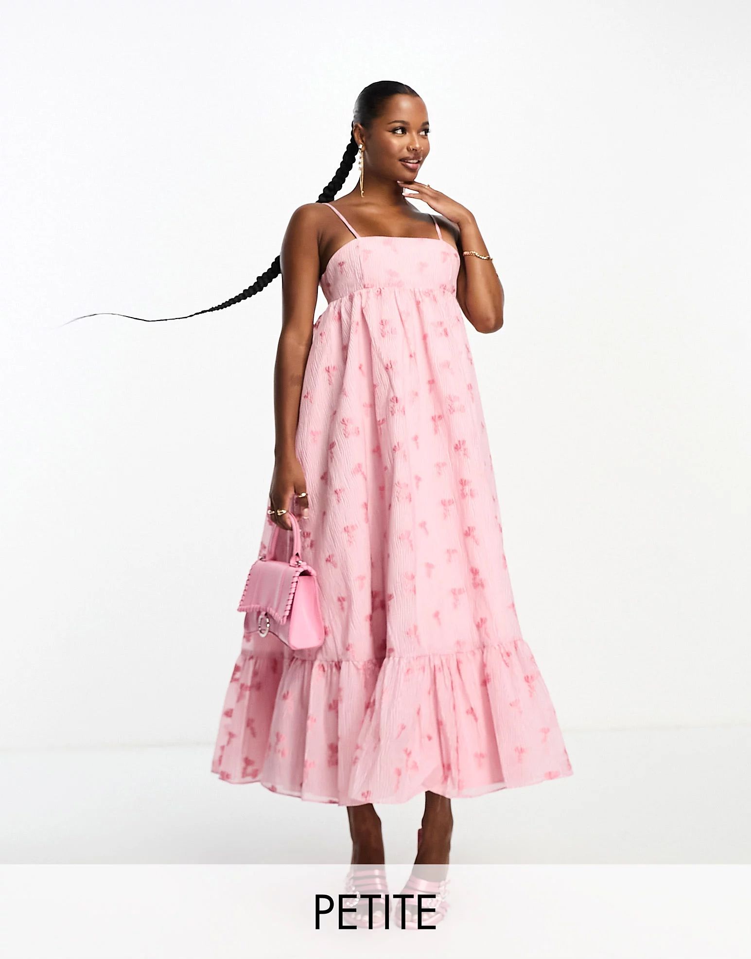 Collective The Label Petite cami trapeze midi dress in pink floral brocade | ASOS (Global)