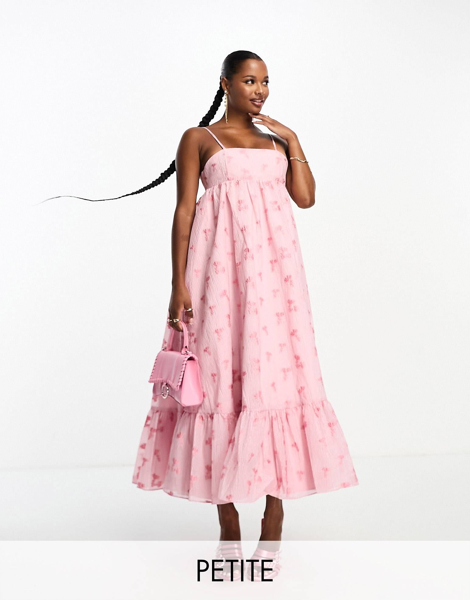Collective The Label Petite cami trapeze midi dress in pink floral brocade | ASOS (Global)