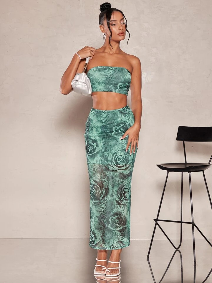 SHEIN BAE Floral Print Crop Tube Top & Skirt | SHEIN