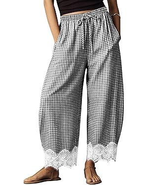 Womens Lace Hem Gingham Barrel Pants Wide Leg Elastic Drawstring Waist Lounge Pants Plaid Trouser... | Amazon (US)