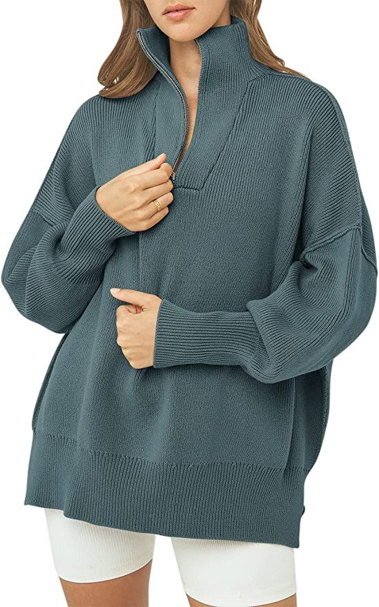 ANRABESS Women's Long Sleeve 1/4 Zipper Collar Drop Shoulder Oversized Slouchy Sweatshirt Pullove... | Amazon (US)