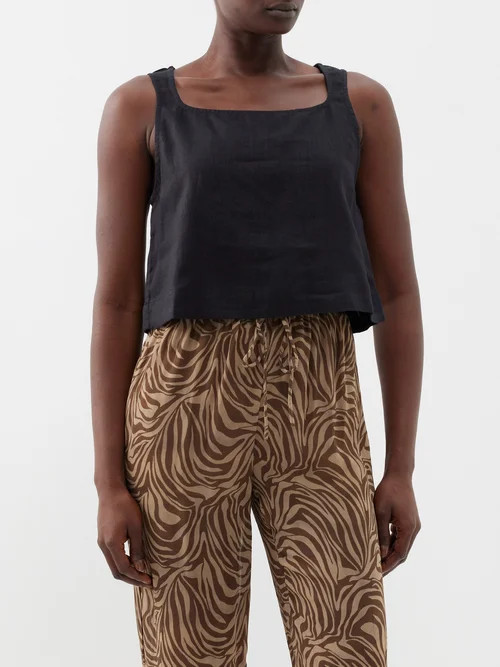 Posse - Val Square-neckline Linen Cropped Top - Womens - Black | Matches (US)