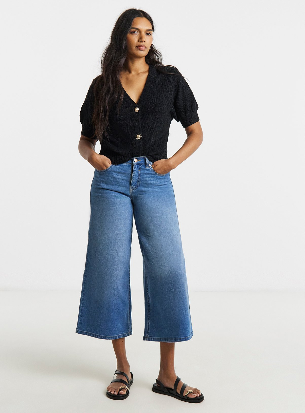 Black SIMPLY BE  Puff Short Sleeve Gold Button Cardigan Black - Simply Be by Sainsbury's | Tu Clothing