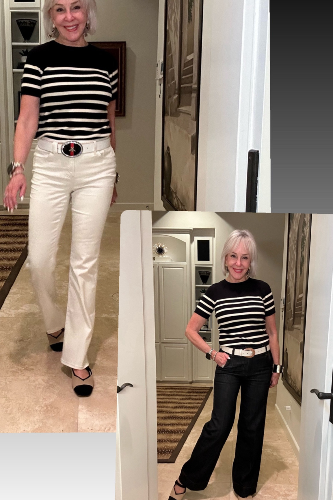 White No stain fray hem kick flare jeans. Are now in sale. My favorite white jeans this spring. Great to show off your cute shoes and sandals. 
Stripe knit top is timeless. Well made great stretch and budget friendly. code： SSS30
Enjoy 30% off all products on the website
Black High rise wide leg jeans 
Mary Jane Shoes by Vivaia 
Belt by @bethsbuckles on Instagram. 

#LTKSaleAlert #LTKFindsUnder50 #LTKOver40