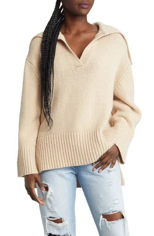 FRAME Oversized Collar Merino Wool Sweater in Oatmeal Heather at Nordstrom, Size Small | Nordstrom