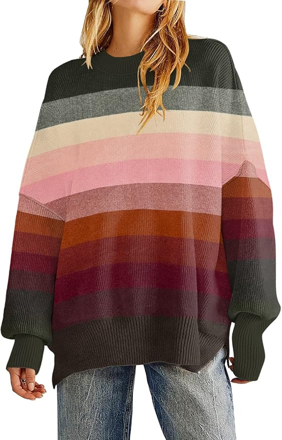 Women's Oversized Crewneck Sweaters Batwing Long Sleeve Side Slit Ribbed Knit Pullover Sweater To... | Amazon (US)