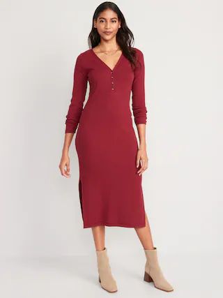 Fitted Long-Sleeve Rib-Knit Henley Midi Dress for Women | Old Navy (US)