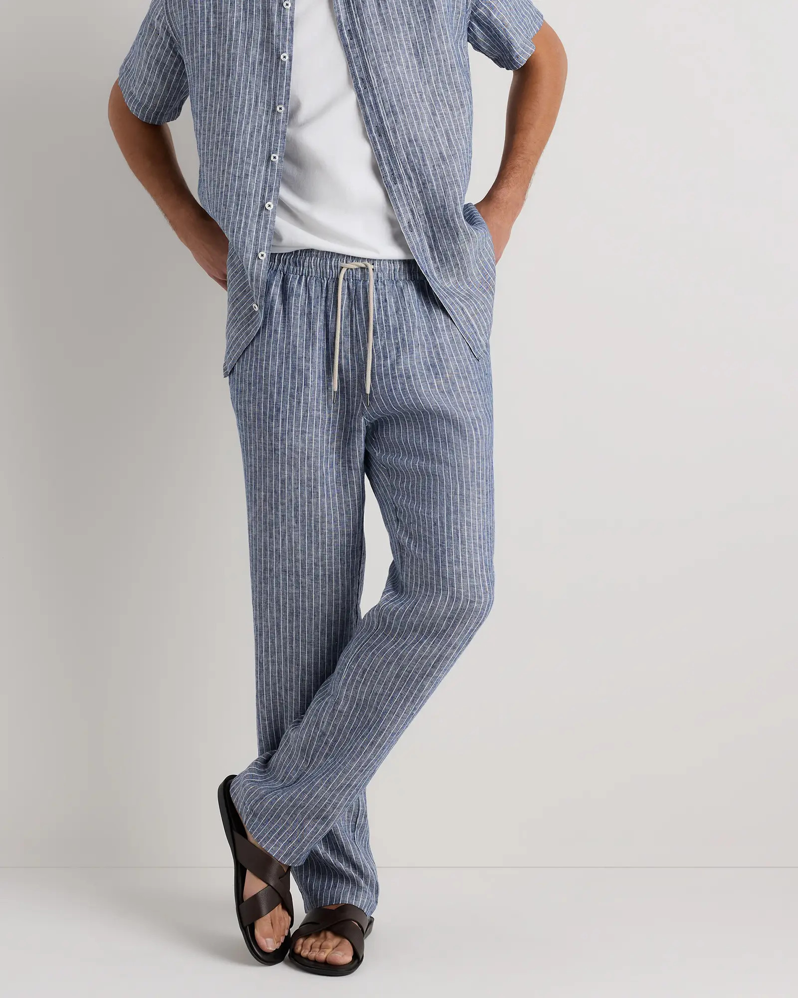 100% European Linen Drawstring Beach Pants in Chambray Stripe | Quince