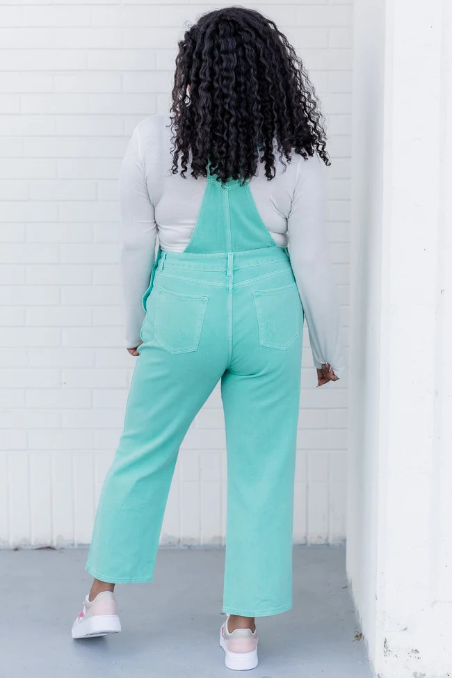 Just A Normal Girl Mint Distressed Straight Leg Denim Overalls | Pink Lily