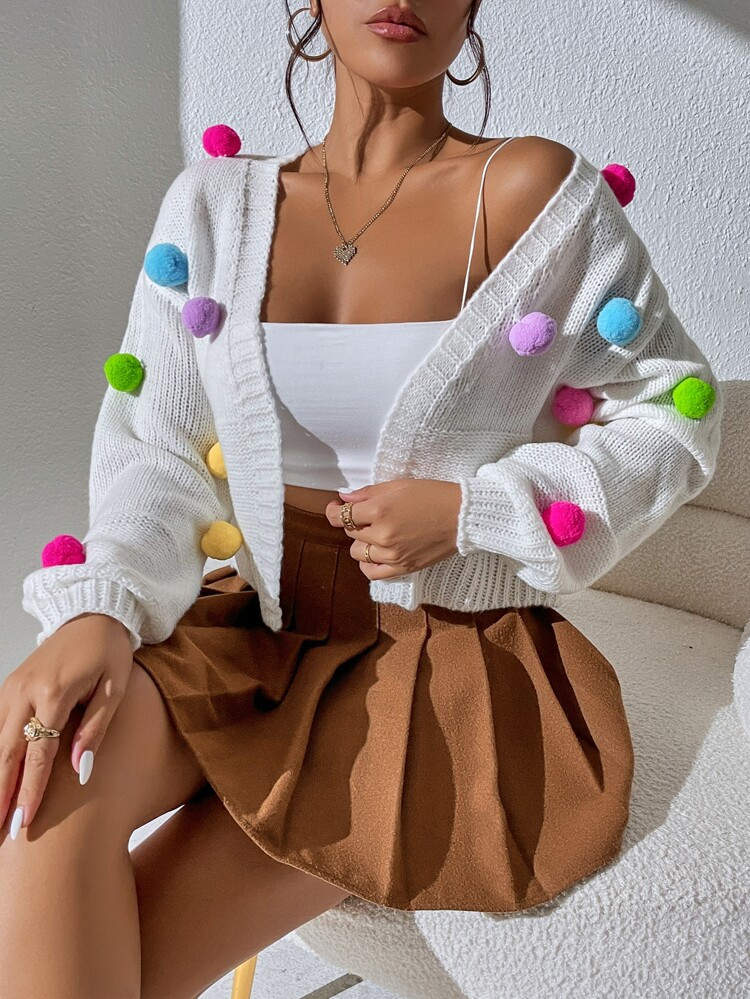 Pom Pom Detail Drop Shoulder Cardigan | SHEIN