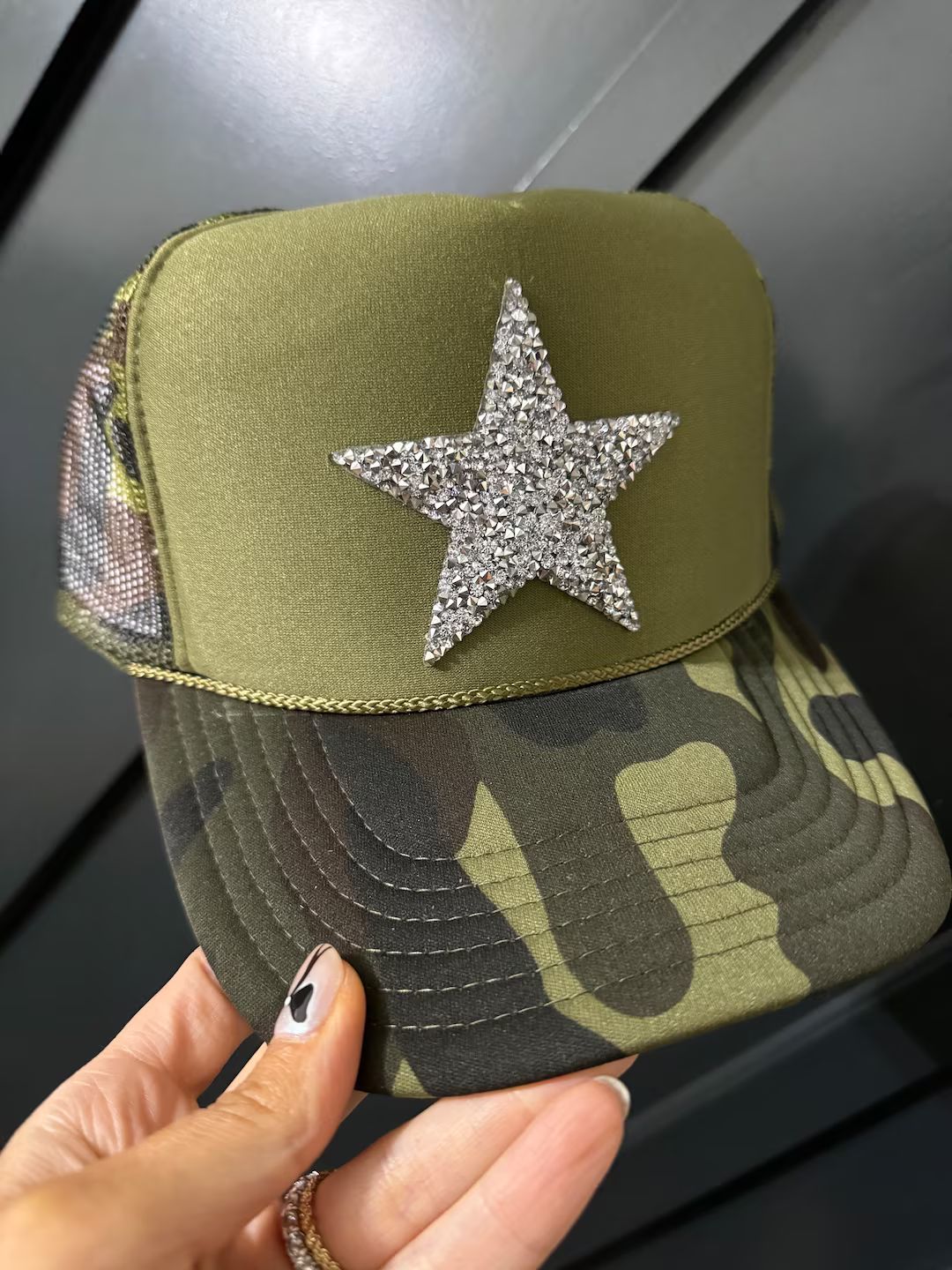 Silver Rhinestone Star Green Camo Trucker Hat | Etsy (US)