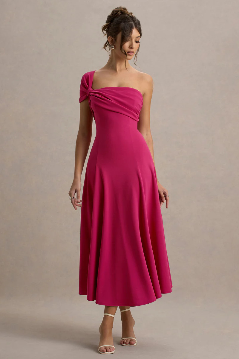 Malta | Hot Pink One-Shoulder Midi Dress | Club L London